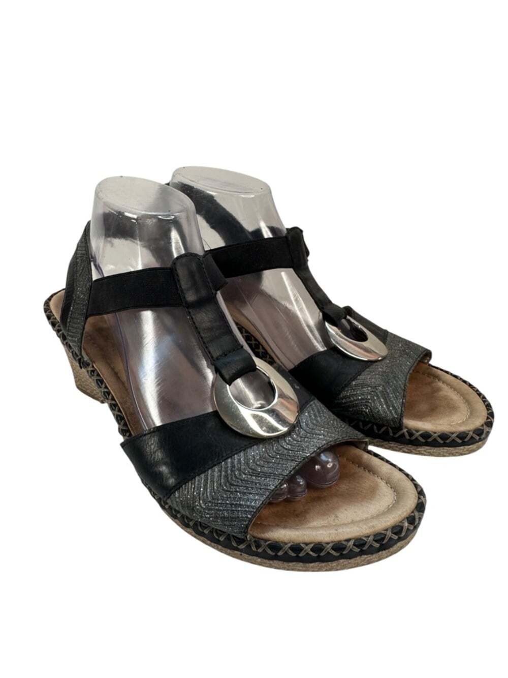 Rieker Black Metallic Comfort Wedge Sandals Hook Loop Leather Womens 9 EU40